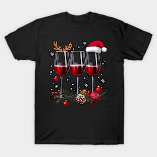 Xmas Glass of Red Wine Santa Hat Christmas Pajama Men Women T-Shirt